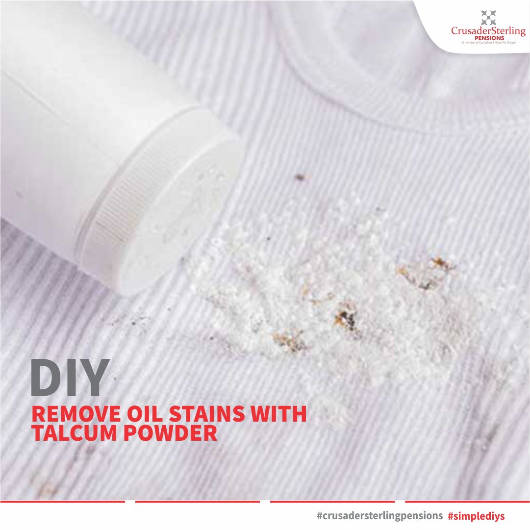 CSPensions's tweet photo. Apply some talcum powder on the spot and leave overnight, the powder would absorb the oil overnight. #CrusaderSterlingPensions
#simplediys https://t.co/NIrGAbW3KT