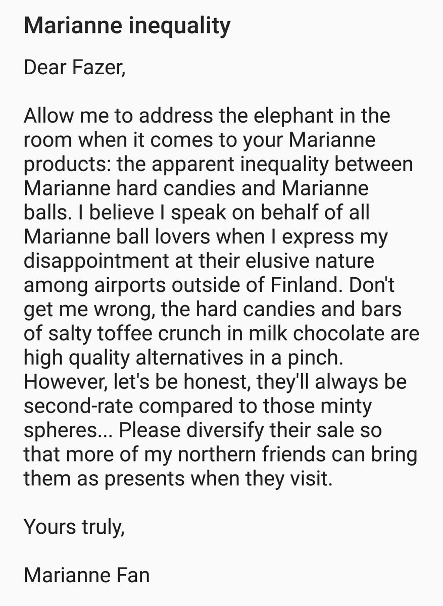.<a href="/FazerSuomi/">Fazer Group</a> Non-Finns like Marianne balls too y'know! #MarianneInequality #FinnishChocolate