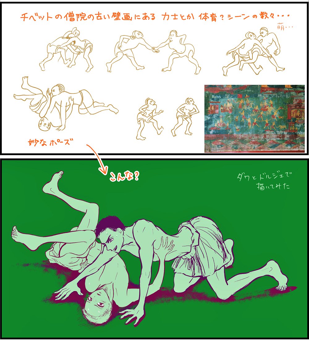 チベットの僧院の古い壁画に たまにこんな力士や体育のシーン?がある。
ちょっと妙に感じるポーズだったりするけれど…どんな物語が語られているのかな… 萌…
(資料を捜してアルバムや資料を漁ってたのに、また横道にそれた…) 