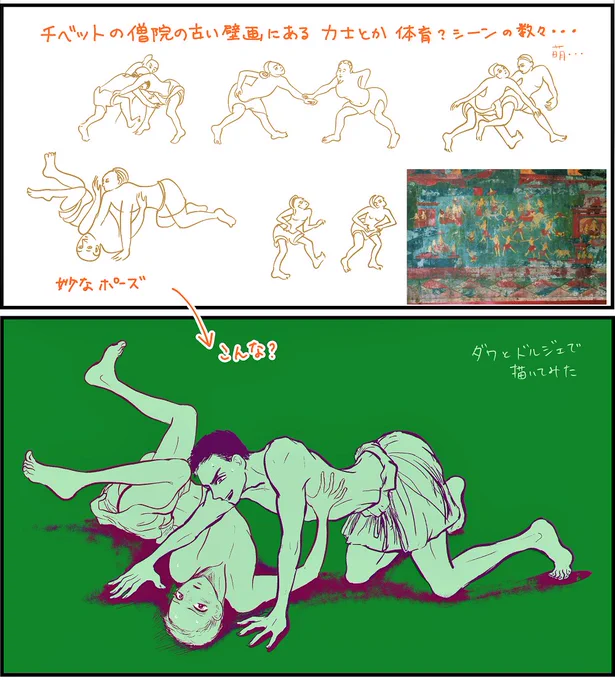 チベットの僧院の古い壁画に たまにこんな力士や体育のシーン?がある。
ちょっと妙に感じるポーズだったりするけれど…どんな物語が語られているのかな… 萌…
(資料を捜してアルバムや資料を漁ってたのに、また横道にそれた…) 