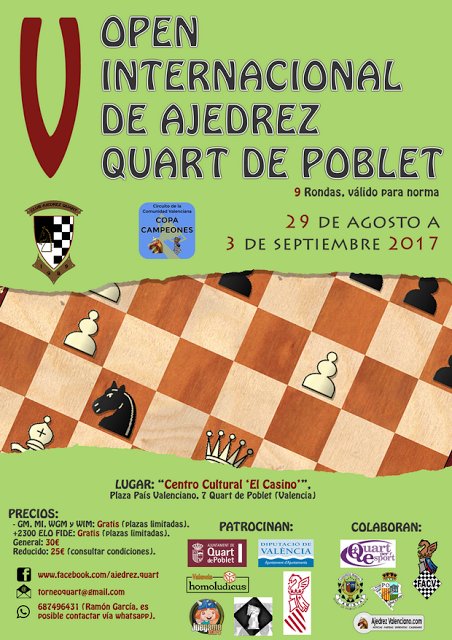 mptlagll's tweet photo. El V Open Int. de Ajedrez Quart de Poblet que se disputará del 29/8 al 3/9 ¡¡COMPLETO!! 110 jugadores. @ManuelquarT @monxu_87 @ajedrezquart https://t.co/nh0vDlaOjg