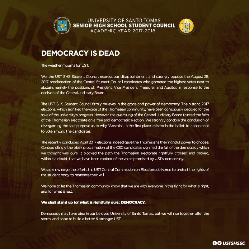 ustshssc's tweet photo. DEMOCRACY IS DEAD: Statement of the USTSHSSC in response to the recent proclamation of the CSC candidates. #USTHalalan2017 #BOTOmasino2017 https://t.co/J7JgVJ8o4v