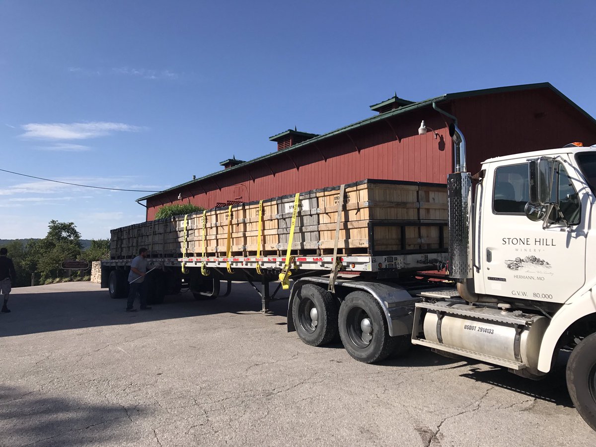 StoneHillWinery's tweet photo. 19.5 tons of Vidal grapes π just arrived and now are being pressed. #MOwine #winery #harvest #vidalgrape #grapeharvest https://t.co/QftHLBvRek