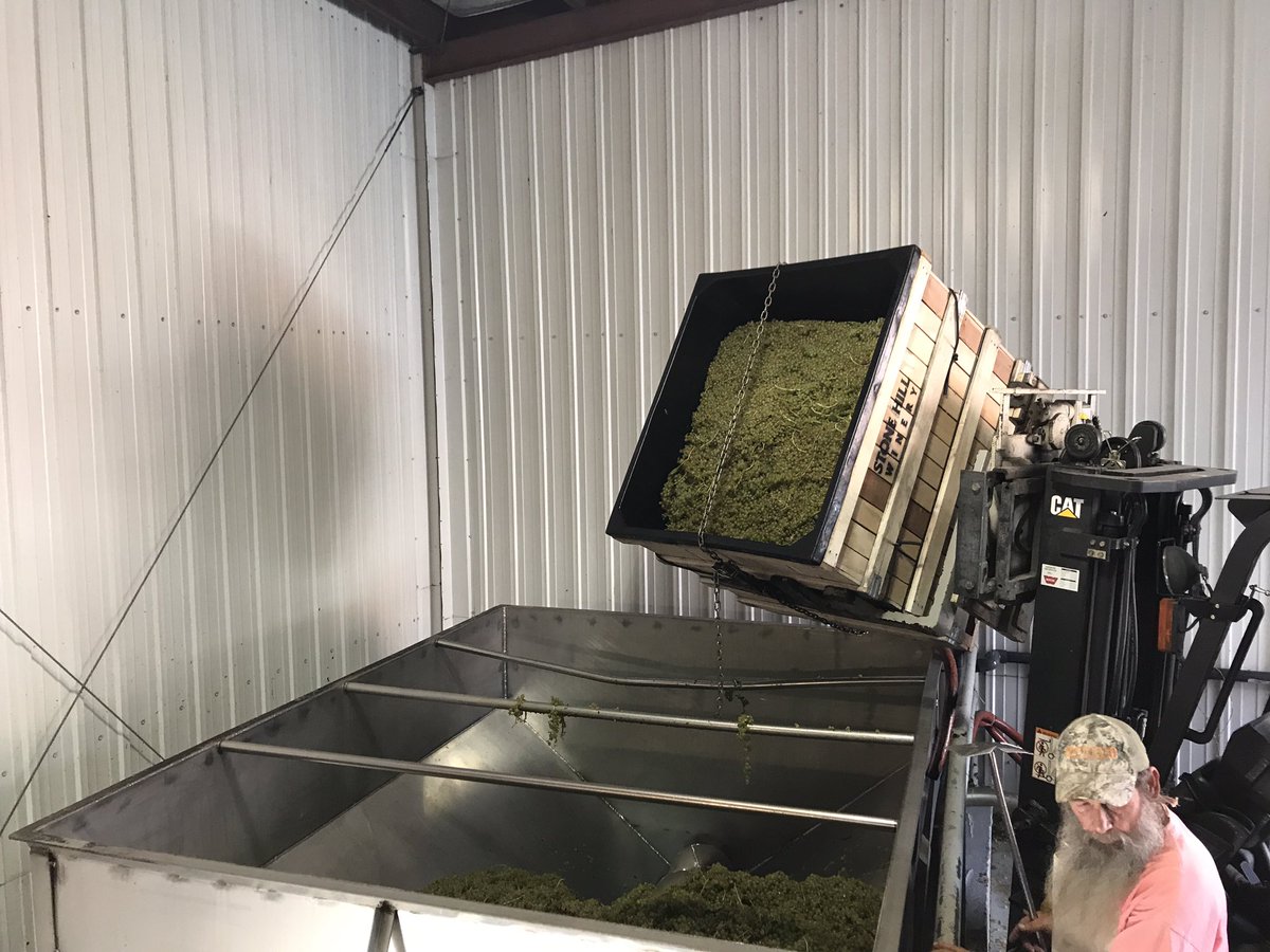 StoneHillWinery's tweet photo. 19.5 tons of Vidal grapes π just arrived and now are being pressed. #MOwine #winery #harvest #vidalgrape #grapeharvest https://t.co/QftHLBvRek
