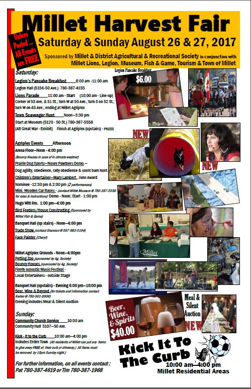 VisitMillet's tweet photo. It's Harvest Fair today! Events include; 
Lions Parade -Starts at 11
Town Scavenger Hunt - 8:30 -3:30
Agriplex Events - see poster https://t.co/FjgKlTMOp1