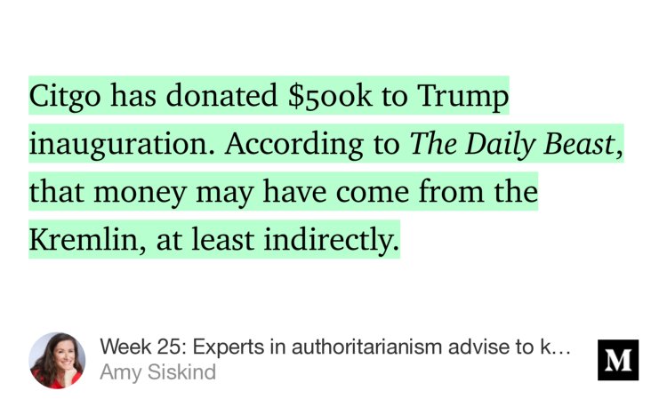 Amy_Siskind's tweet photo. Thought there was something fishy about Trump exempting Citgo from the Venezuela sanctions — sorted The Weekly List. https://t.co/Y9pJUDs18s https://t.co/at3Q56SbAJ