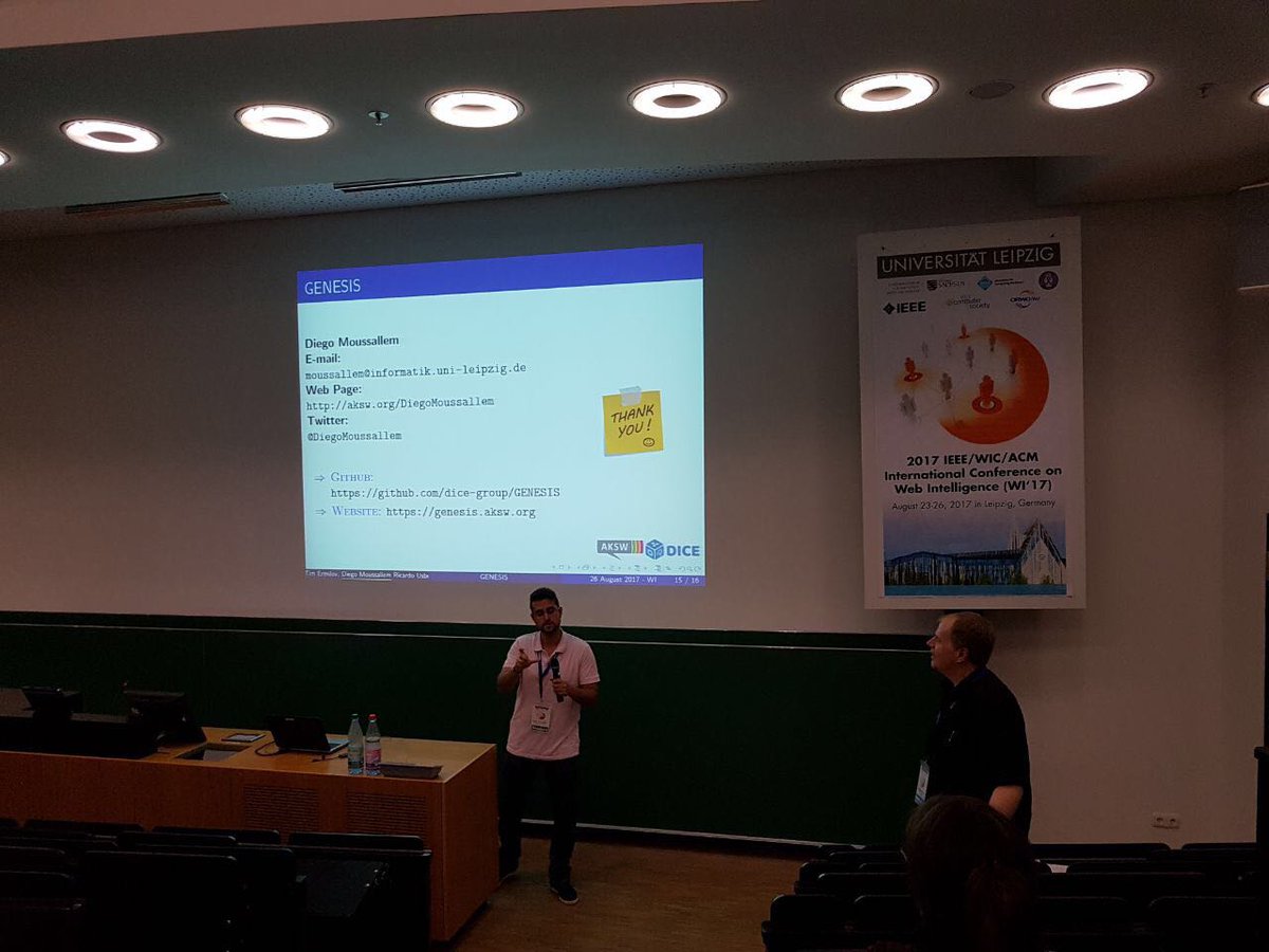 akswgroup's tweet photo. .@DiegoMoussallem presenting GENESIS - a RDF Data Access Interface at #WebIntelligence2017 @akswgroup @DiceUPB https://t.co/gHLxTRETz6