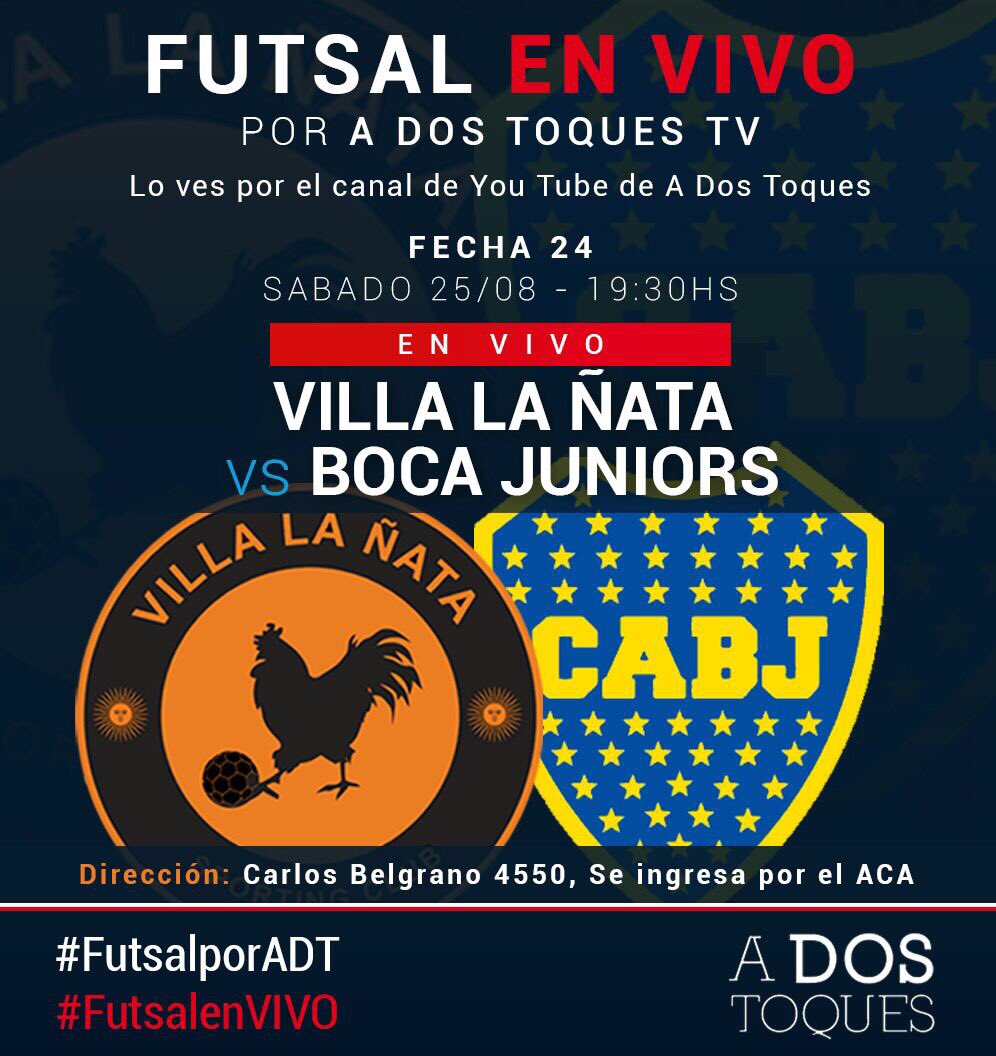 #FutsalEnVIVO

Hoy 19:30 no te pierdas:

🍊<a href="/villalanata/">Villa La Ñata</a> Vs <a href="/BocaFutsal/">Boca Futsal</a> 

Seguilo por👉🏻 <a href="/adostoquesfut/">A Dos Toques Futsal</a>