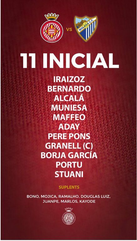 GironaCf's tweet photo. Saiu a escalação oficial para a partida de hoje. Destaque para o artilheiro @CristhianStuani #GironaMalaga https://t.co/PSbDnb4z1u