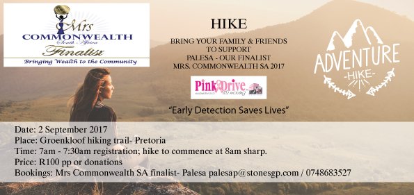 palesa_phiri1's tweet photo. We are going Hiking for a good cause.#MrsCWSA2017
#27redstageline
#PaulJamesHair
#ZeeWorld
#PinkDrive
#MrsRogero
#TransformHers
#Letsgetfit https://t.co/l0k2d6PjG7