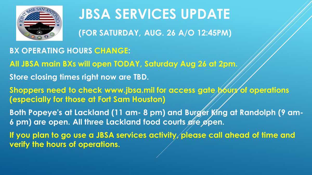 JBSA_Official's tweet photo. JBSA Service Update: All Main BXs will open TODAY at 2 pm; closing time TBD. See https://t.co/Oc4opIfVJ8 or graphic for gate info #JBSAAlert https://t.co/0A1EH8JysG