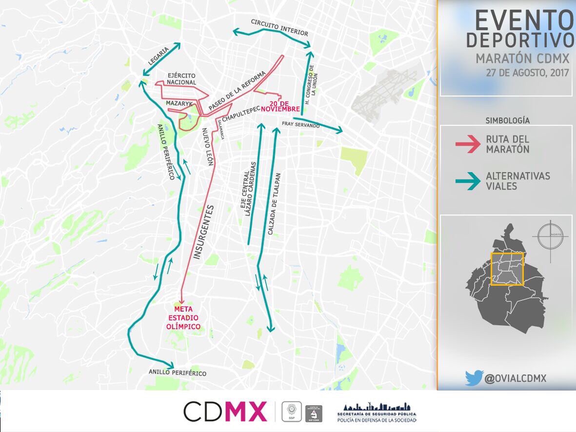 #Recuerda mañana a partir de las 6:00 horas, se realizarán los siguientes cortes viales con motivo del #MaratónCDMX