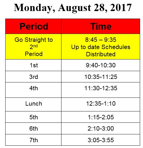 chhs_studentgov's tweet photo. Here's the schedule for Monday. NOTICE: Second period starts at 8:45 https://t.co/5VDn42img5