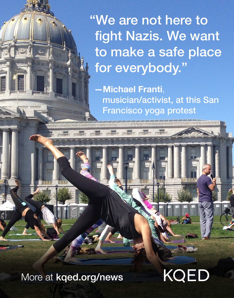 KQEDnews's tweet photo. At Civic Center, people did yoga as a form of protest of far-right rallies planned in the Bay Area. Story: https://t.co/a0f5g4TbMm https://t.co/gDPQCOcNlc