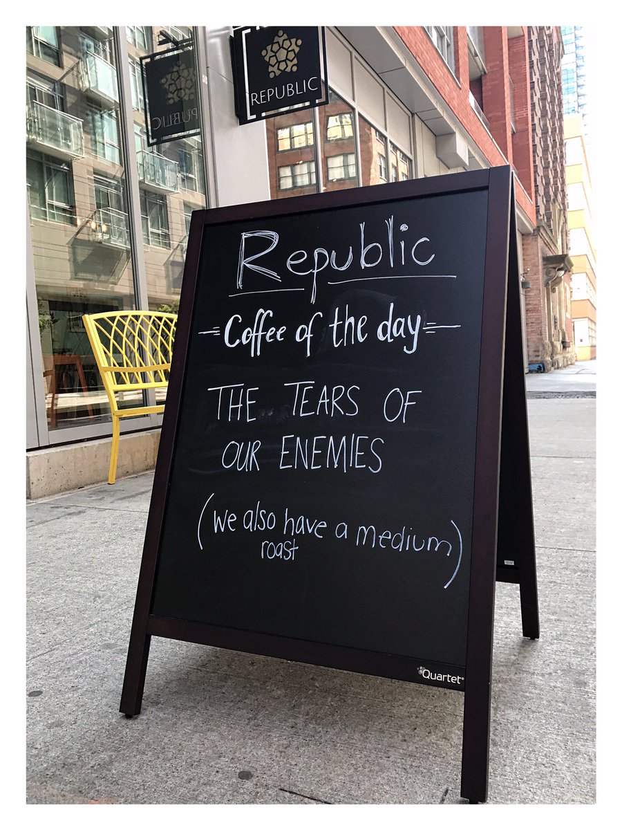 republicRocks's tweet photo. REPUBLIC #quote: "#Coffee of the day... THE TEARS OF OUR ENEMIES.  (we also have medium #roast)" #coffeeshop #specialtycoffee #toronto https://t.co/jc38RAl12K