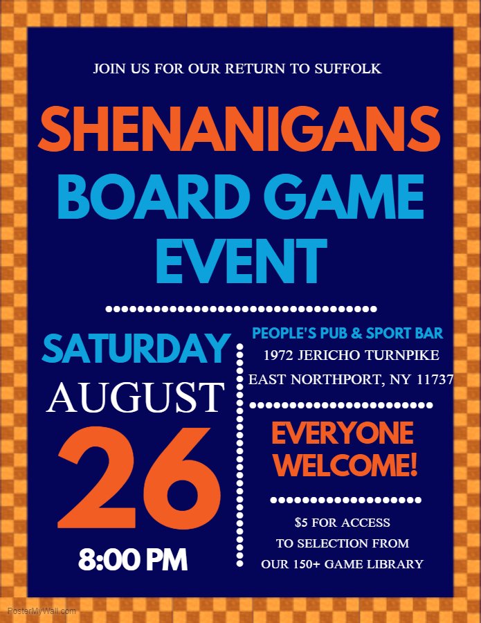 We're back #Suffolk! Come check us out #TONIGHT
 
#ThingsToDo #BoardGames #LongIsland #NYCGames #friyay #GameNight #DateNight #NYCGamers