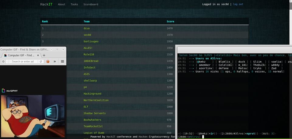 hackITconf's tweet photo. 30 hours left. dcua, sec0d, bunlisugeo are at the leaderboard. Keep going! #hackitctf https://t.co/dIFofO15uC