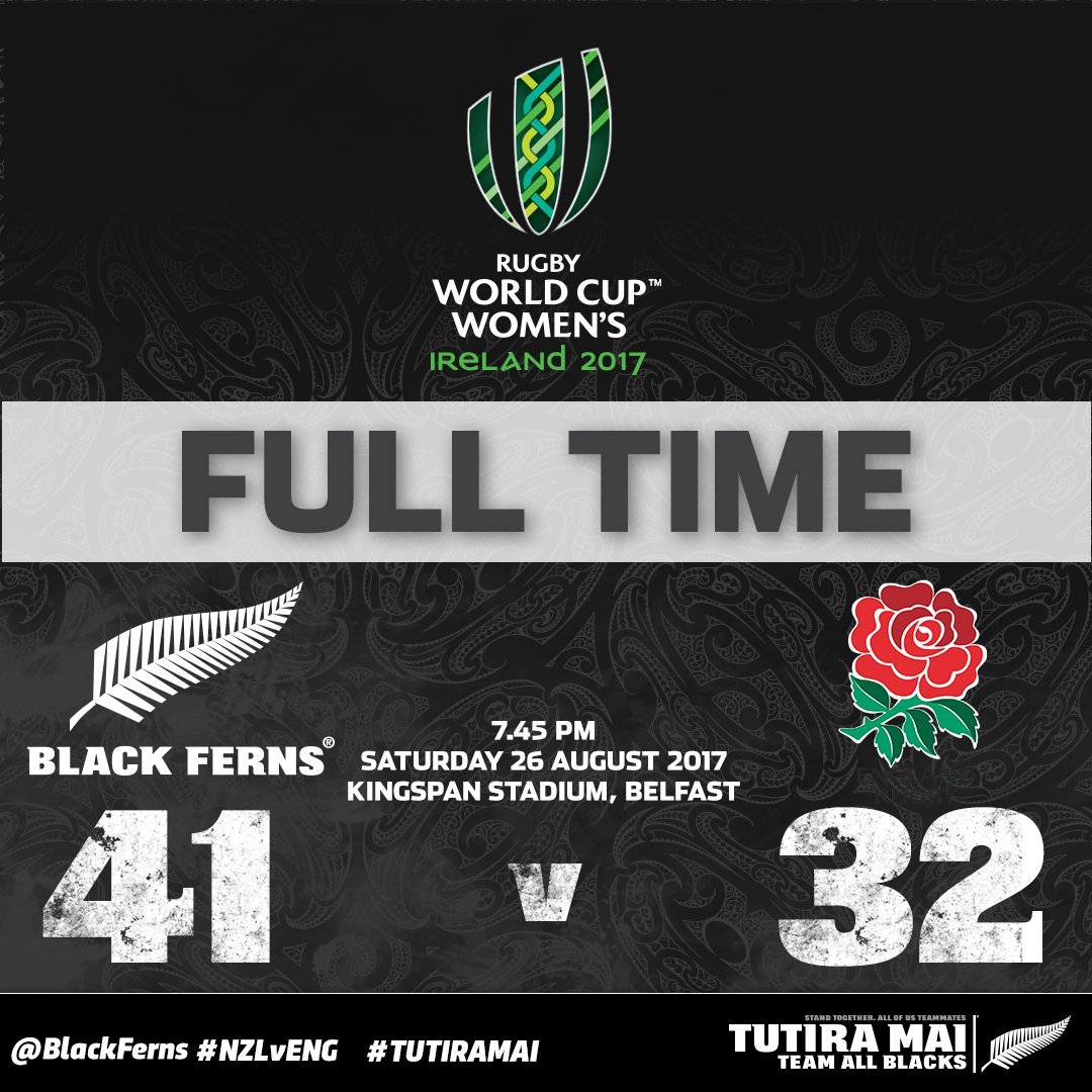 BlackFerns's tweet photo. FT | The #BlackFerns are the 2017 Rugby World Cup CHAMPIONS with a 41 - 32 win over England!
#NZLvENG #WRWC2017 https://t.co/Q0nxbhZy5T
