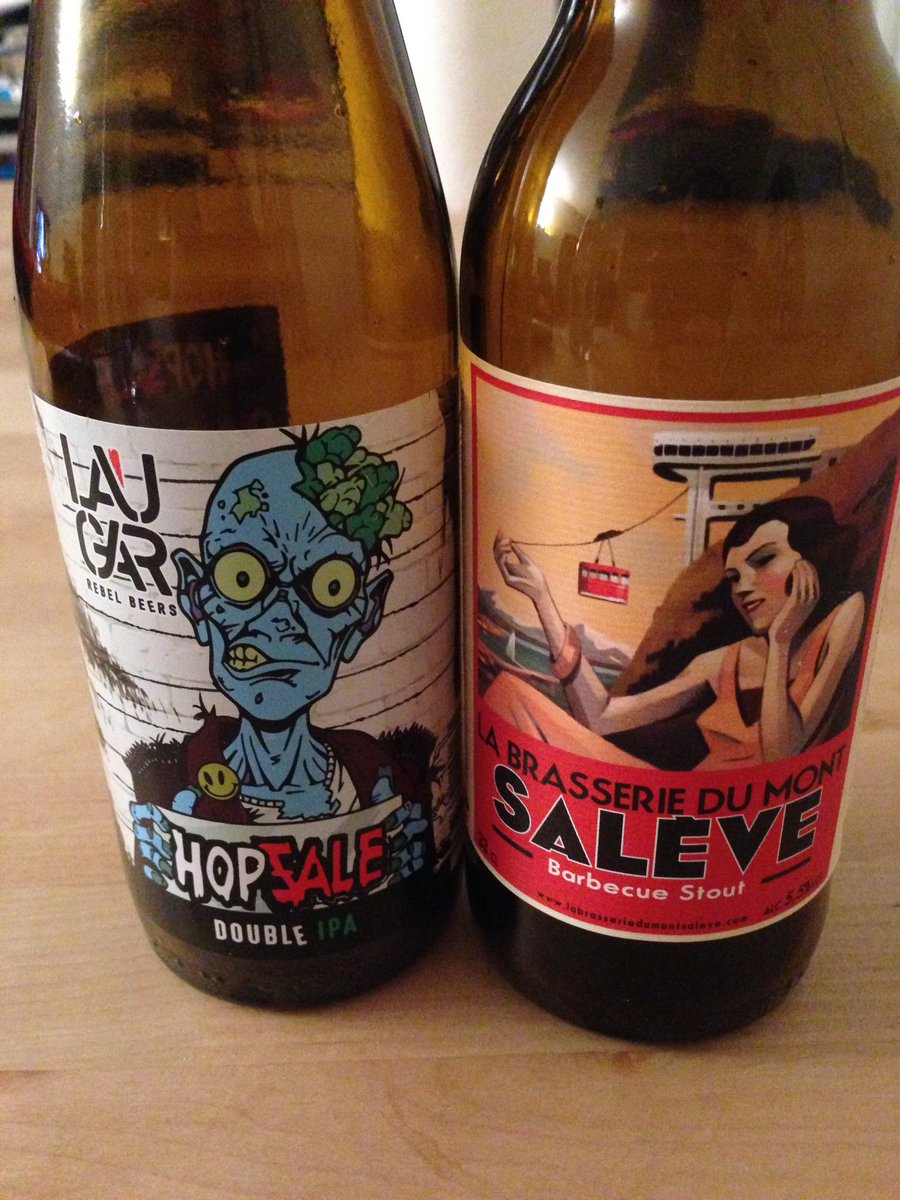Eris_Lepoil's tweet photo. #BierBattle À ma droite la barbecue stout du Mont Salève (5,5%), à ma gauche une double IPA de Laugar (9,2%). https://t.co/ajG73pDQJU