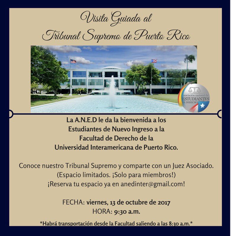 anedinter's tweet photo. La A.N.E.D. te invita a su tradicional visita al prestigioso Tribunal Supremo de Puerto Rico. #aned #derecho #tribunalsupremo #pr https://t.co/jXf4Pb5zcS