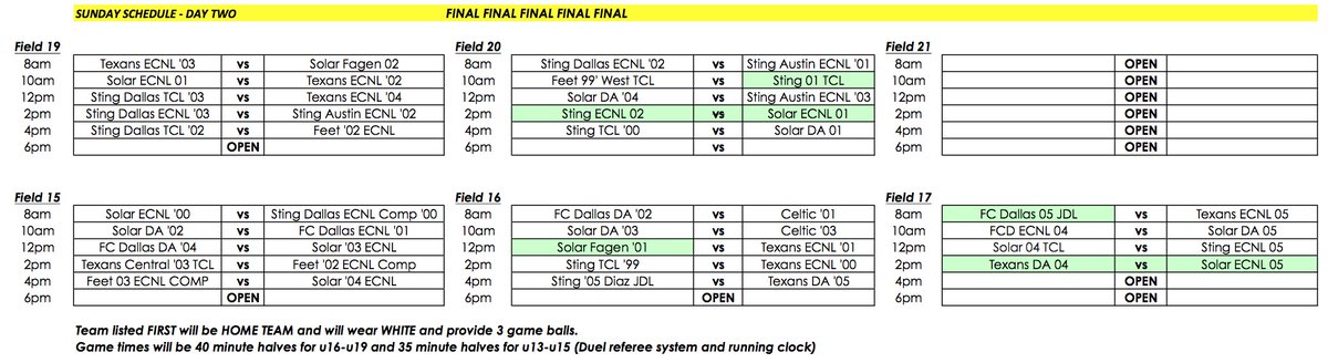 Here is the FINAL SUNDAY schedule!!! Thanks Harvey for keeping it cool.  See everyone tomorrow