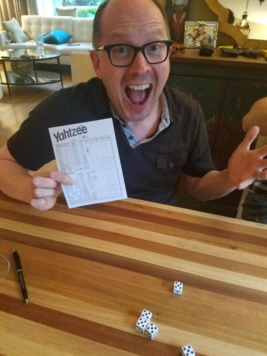 Maggie913's tweet photo. Then, not to be outdone, Chad ALSO rolled a Yahtzee with all 5's!!!! (No lie y'all, all the same game.) #hurricaneharvey https://t.co/upDIqbdWqK