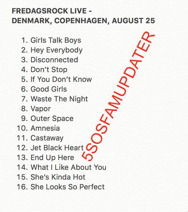 fiveteam5sos's tweet photo. Setlist do show! #5SOSCopenhagen #5SOSDenmark https://t.co/ynJcRPWJjr