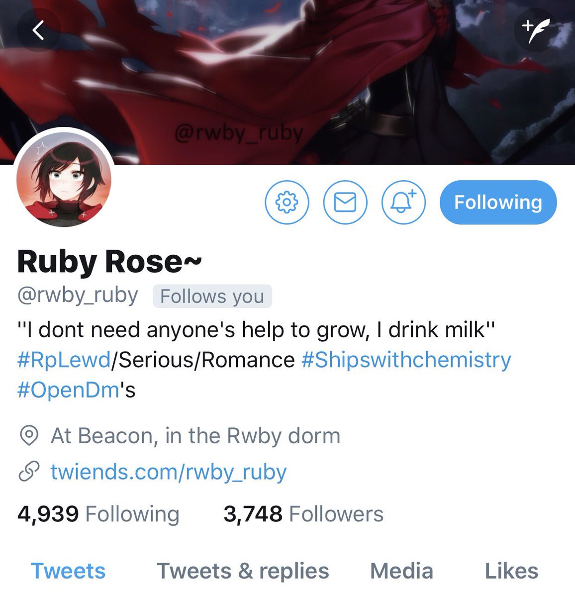 SinfulCinder's tweet photo. // My friend @rwby_ruby is in search of more RP partners. Please help this very great Ruby roleplayer out. You won't regret it! https://t.co/SvHYRzoMTG