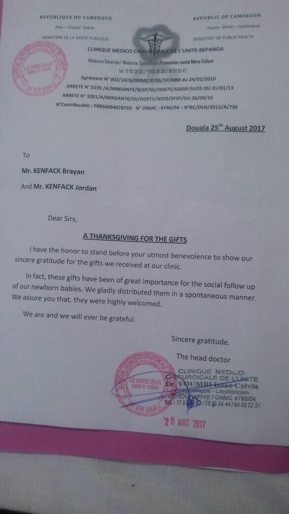 GivingPromise's tweet image. Thank you letter from the clinic in Cameroon , Africa . 

Change starts with you.