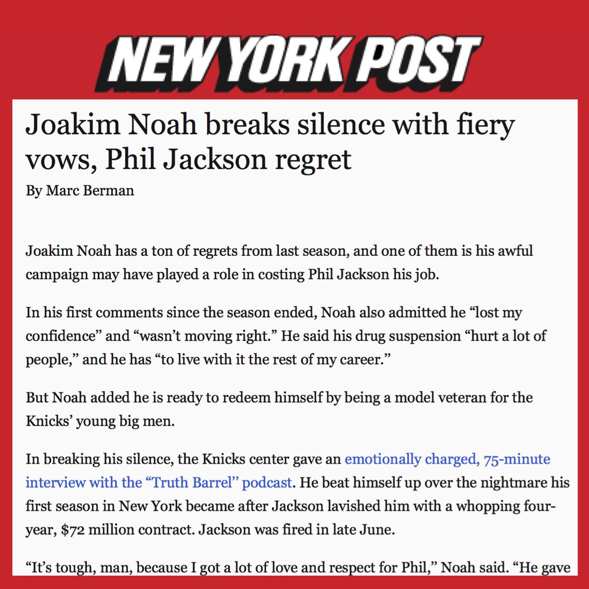 thetruthbarrel's tweet photo. Thanks to @NYPost for featuring Joakim Noah’s exclusive “emotionally charged” interview on @TheTruthBarrel:  https://t.co/yHniQHWvBH https://t.co/3DHC2Gbcn7