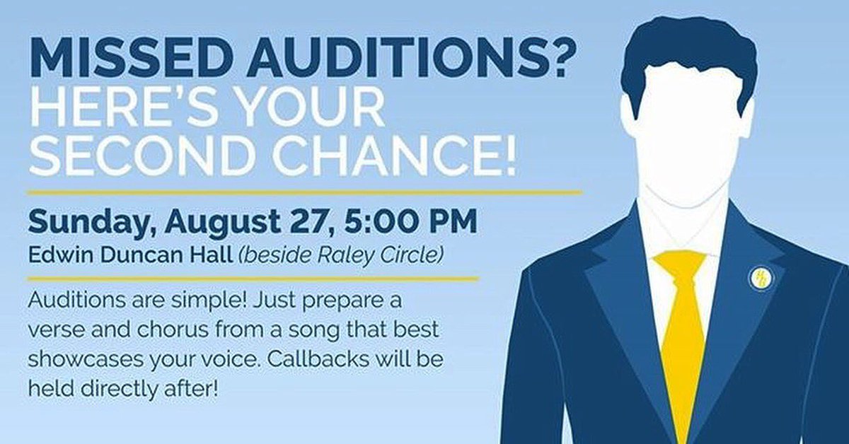 Did you miss auditions on Thursday?! If so, here is your second chance! Come on out tomorrow @ 5:00 in Edwin Duncan.