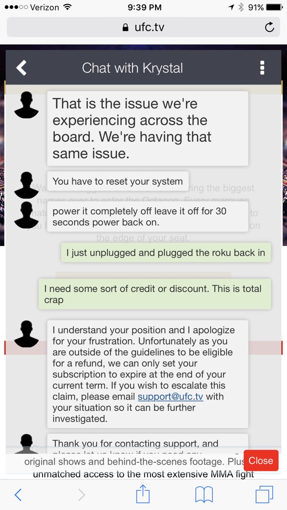 rafigso's tweet photo. @UFCFightPass Not sure you know what shortly means. Here's what online chat support stated. This total crap, I want a refund https://t.co/bFhHasidXP