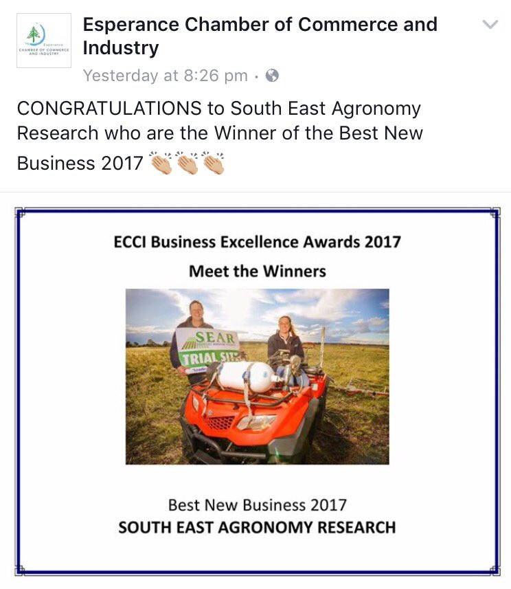 Honoured to receive the 'Best New Business 2017' award last night. So many great local businesses operating around town! #ecciaward17