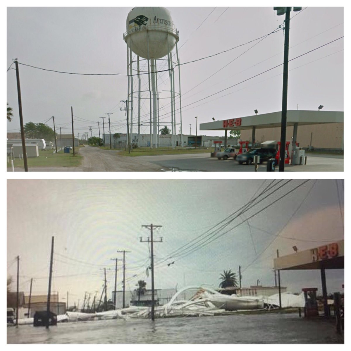 kenduque's tweet photo. Aransas Pass TX water tower, before/after. #HurricaneHarvey https://t.co/e8uf23QE3S