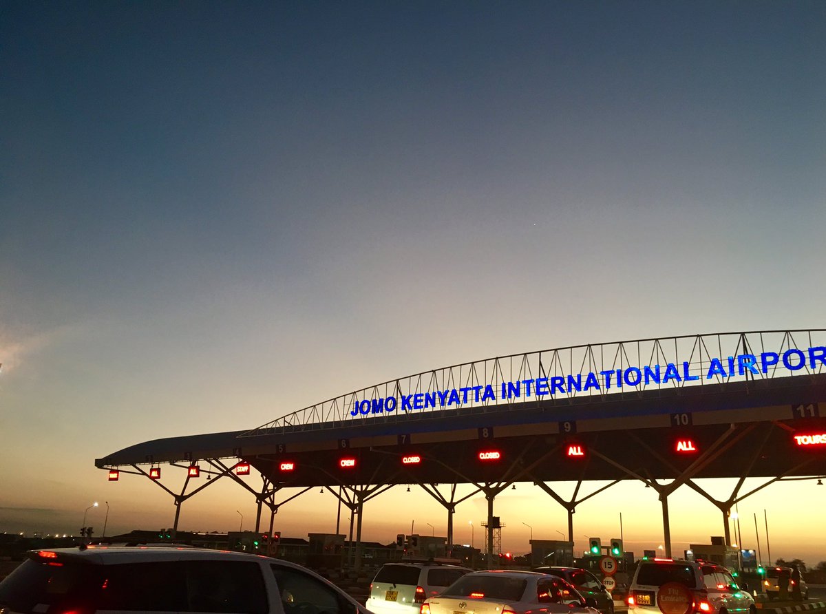 DrAhmedKalebi's tweet photo. Sunburst over the horizon behind JKIA's entrance at dawn @kenyapics https://t.co/Ks1Det3bs9