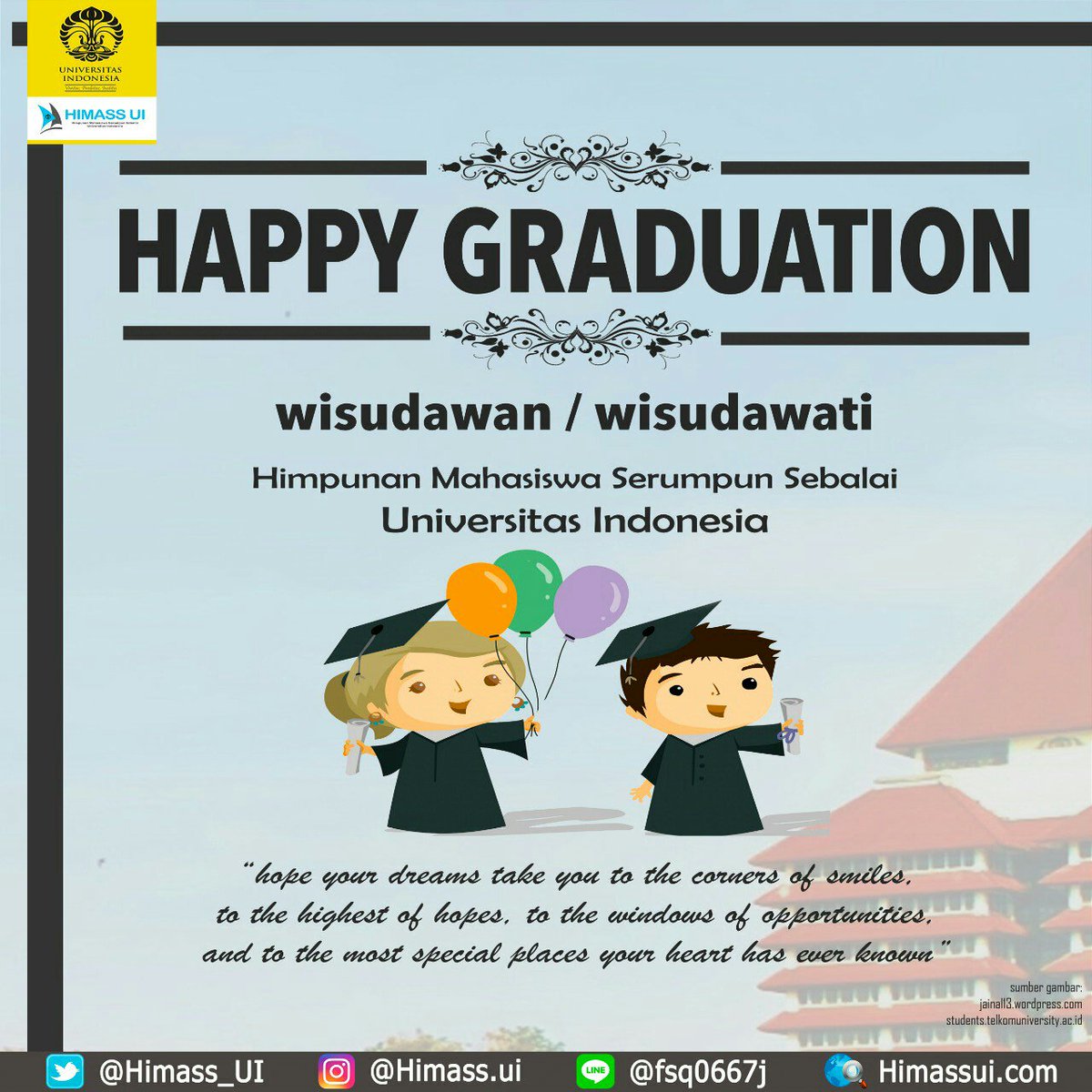 Himass_UI's tweet photo. Himass UI mengucapkan selamat atas kelulusan abang dan ayuk.  Semoga selalu sukses dan ilmunya bermanfaat untuk masyarakat https://t.co/sQXlT9oo7m