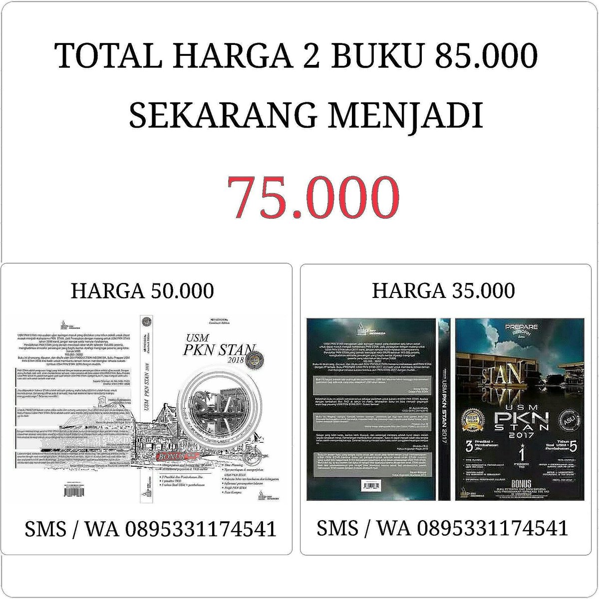 PAKET A
PROMO 2 BUKU 75.000
buku pkn stan 2017 + buku usm pkn 2018

Format pemesanan 
Nama:
Alamat lengkap:
Jumlah buku:
WA 0895331174541