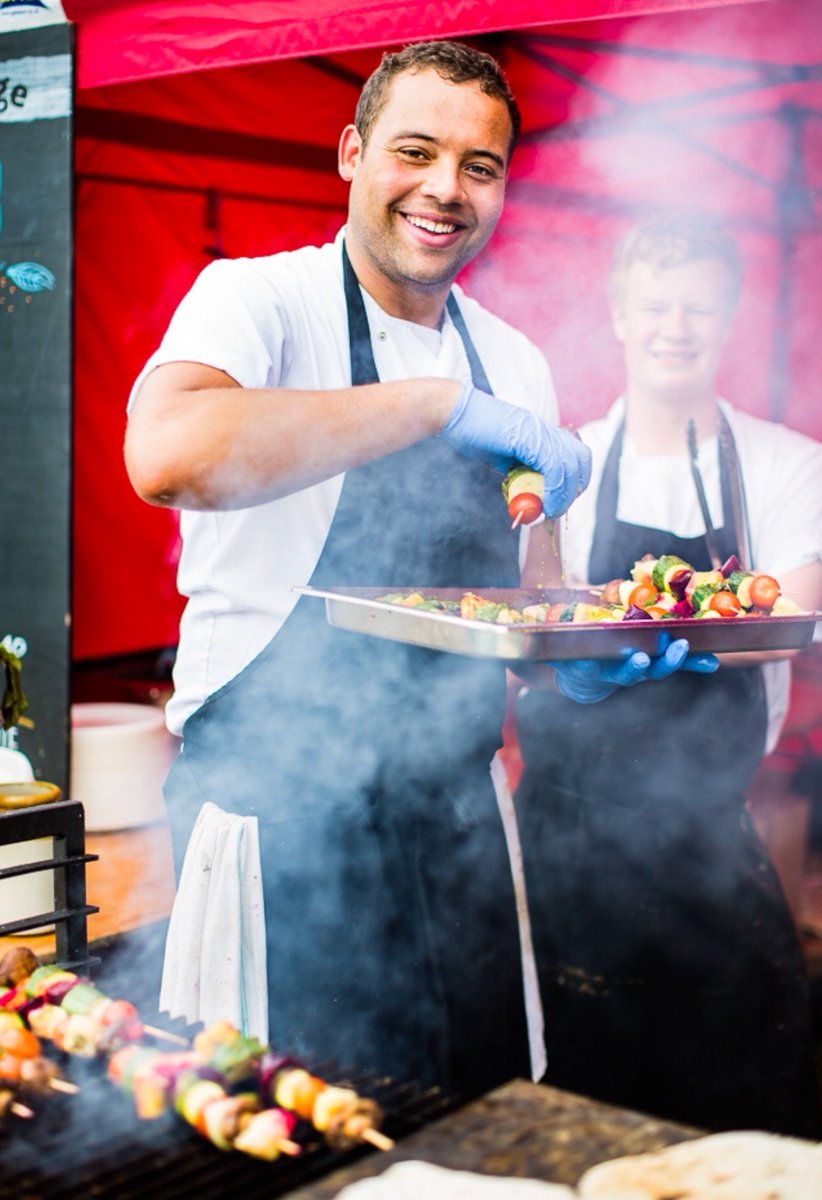 rivercottage's tweet photo. Hungry? Head over to the River Cottage Stall for some yummy veggie kebabs and say hi to our chefs Sam &amp; Charlie #RiverCottageFest https://t.co/fwtNsZcKAz