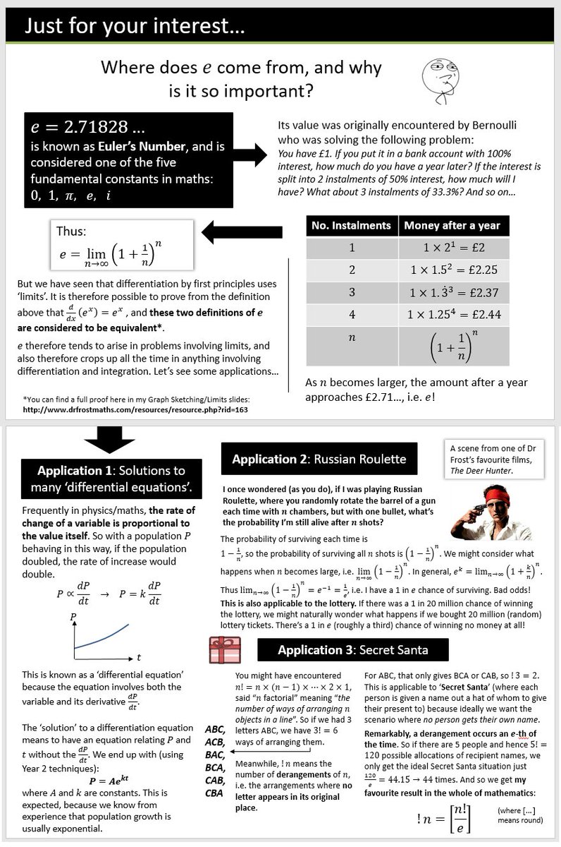 DrFrostMaths's tweet photo. Just For Your Interest: "Where does e come from?" (I've been massively looking forward to this one!) PDF: https://t.co/BHlznfTzP2 https://t.co/OyjmlctKBj