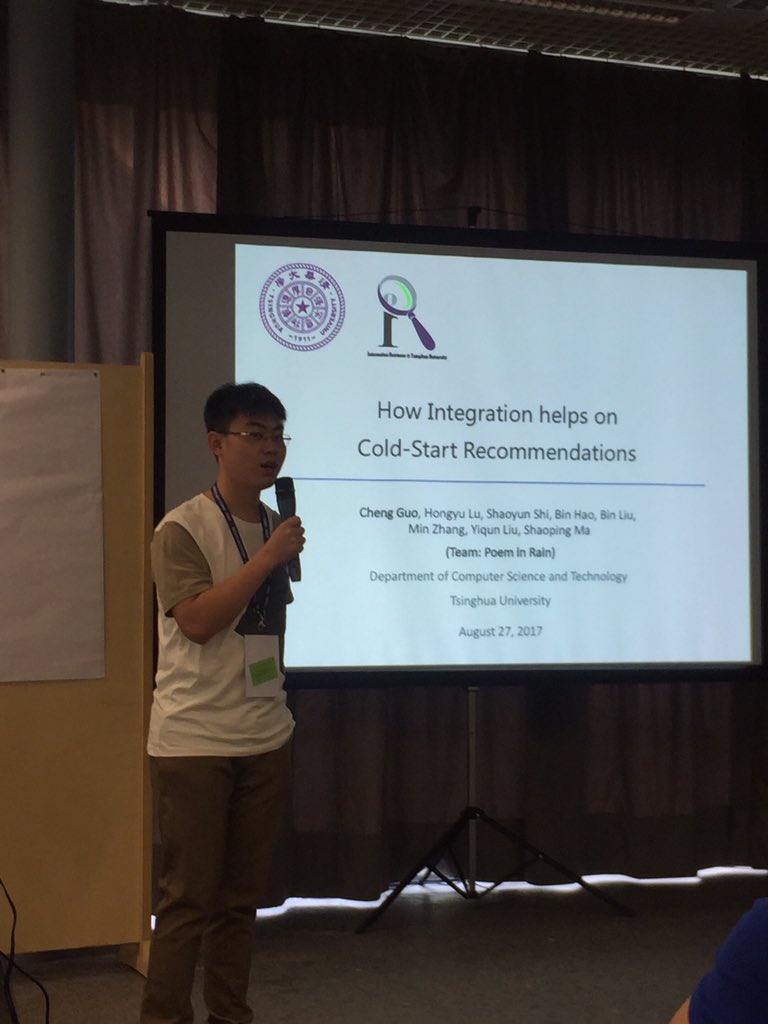 mzhang_bj's tweet photo. My student Cheng Guo is introducing our approaches @recsyschallenge in #recsys2017 , representing the team of "Poem in Rain". https://t.co/ojvyN0ZBLk