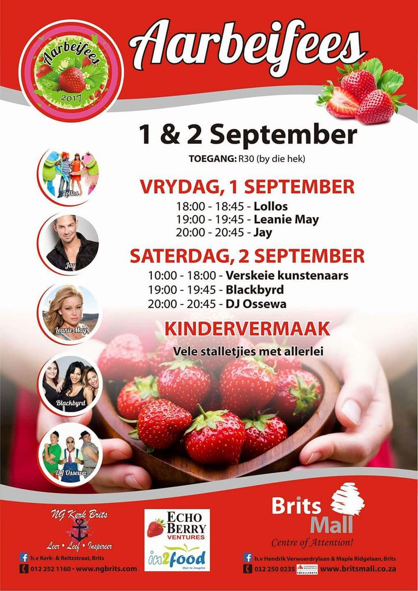 #AarbeiFees by Brits Mall 1 &amp; 2 September. R30 kry jou in! Vermaak deur oa <a href="/Jay_du_Plessis/">🎼(J) (A) (Y)🎤</a> @LianieMay <a href="/blackbyrdza/">BlackByrd</a> <a href="/DJOssewa4/">DJ Ossewa</a> en meer!