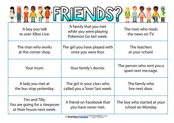 TeachingIdeas's tweet photo. Are these people friends?

Download this resource in our Internet Safety Pack --> https://t.co/w4vKzkQpez https://t.co/JEEzbyuH0o