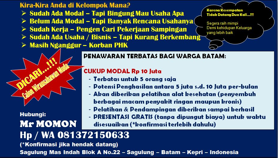 Majalah_Seksi's tweet photo. Edukasi &amp; Pendampingan Yang Serius Mau Belajar Wirausaha di Batam
#call 081372150633

#IniBaruBisnis #ParadeASEAN50 #BloggerMuslimahMeetUp https://t.co/0YOxR3JLBU