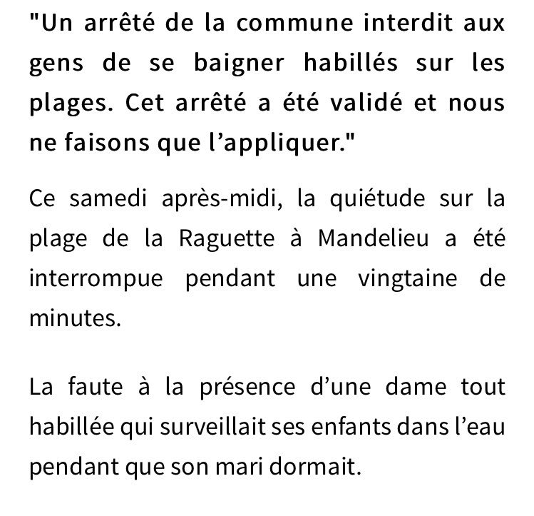 Paranoid_sO's tweet photo. "La quiétude sur la plage (...) a été interrompue (...) La faute à la présence d'une dame tout habillée..."
BIENVENUE EN DISCRIMINATIONIE. https://t.co/kNwUeCeNrQ