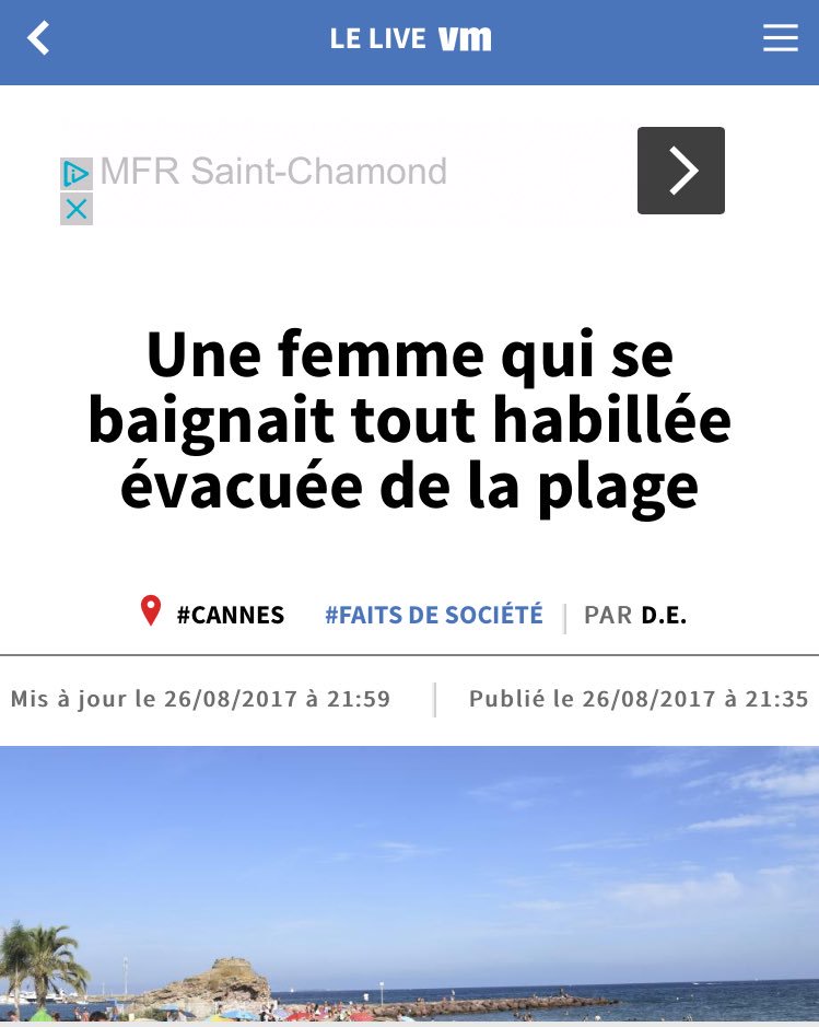 Paranoid_sO's tweet photo. "La quiétude sur la plage (...) a été interrompue (...) La faute à la présence d'une dame tout habillée..."
BIENVENUE EN DISCRIMINATIONIE. https://t.co/kNwUeCeNrQ