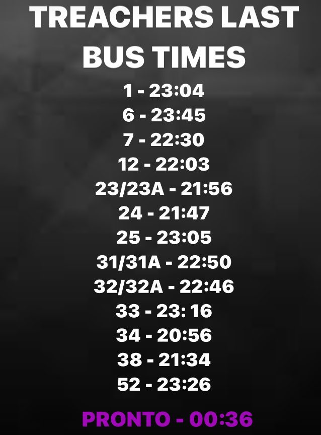 TreachersBusCo's tweet photo. @NXBus Here are the Monday - Sunday Last Bus Timetable. Tommorows Bank Holiday Services will differ. We shal keep you updated. ^TB https://t.co/U9v8vMm3y9