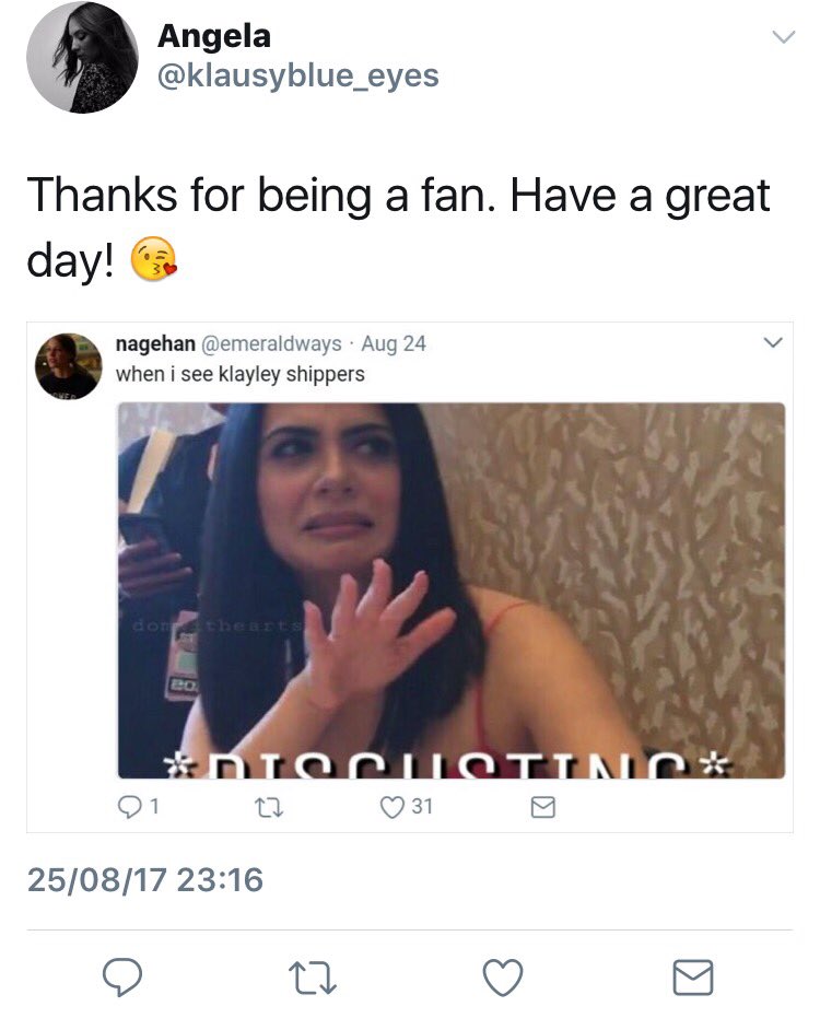 StarburstKH's tweet photo. @klausyblue_eyes Let me give you a reason, hypocrite. #theoriginals #klayley Have a spectacular day. https://t.co/ZYsCGOhYS8