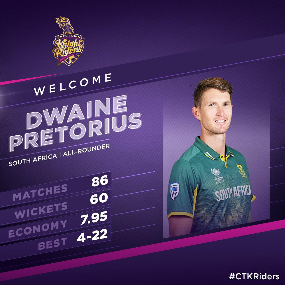 CTKRiders's tweet photo. #KnightingCeremony
Tall, strong and experienced all-rounder, Dwaine Pretorius is up next to join us. ๐ #T20GL #T20GLdraft https://t.co/5u03sFb9YH