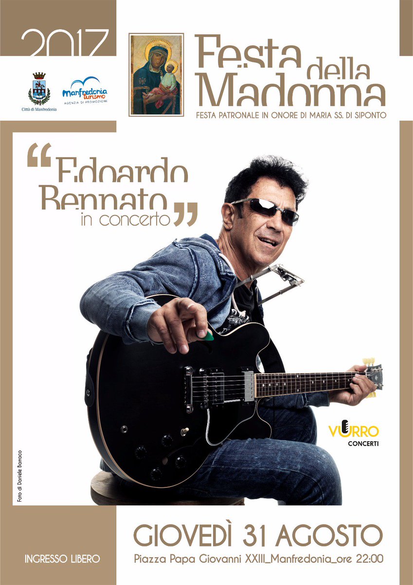 #FestadellaMadonna2017 <a href="/edoardo_bennato/">Edoardo Bennato</a> 31 agosto a #Manfredonia per l'ultimo concerto dell'#estate2017.Ore 22 in PiazzaDuomo con il #rocker