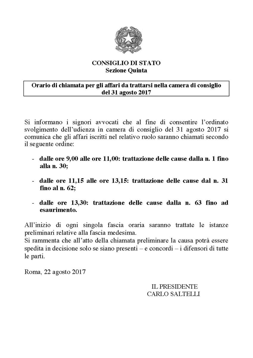mariastefaniama's tweet photo. Consiglio di Stato, sez. Quinta: fasce orarie e modalità di svolgimento della Camera di consiglio del 31 agosto 2017 #rmsup https://t.co/FqmpVFq2BX